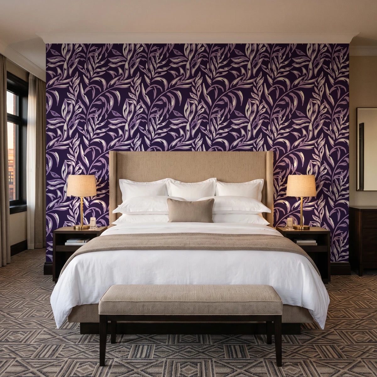 Willow Trace Plum willow vine wallpaper behind the headboard of a king bed in a contemporary hotel guest room