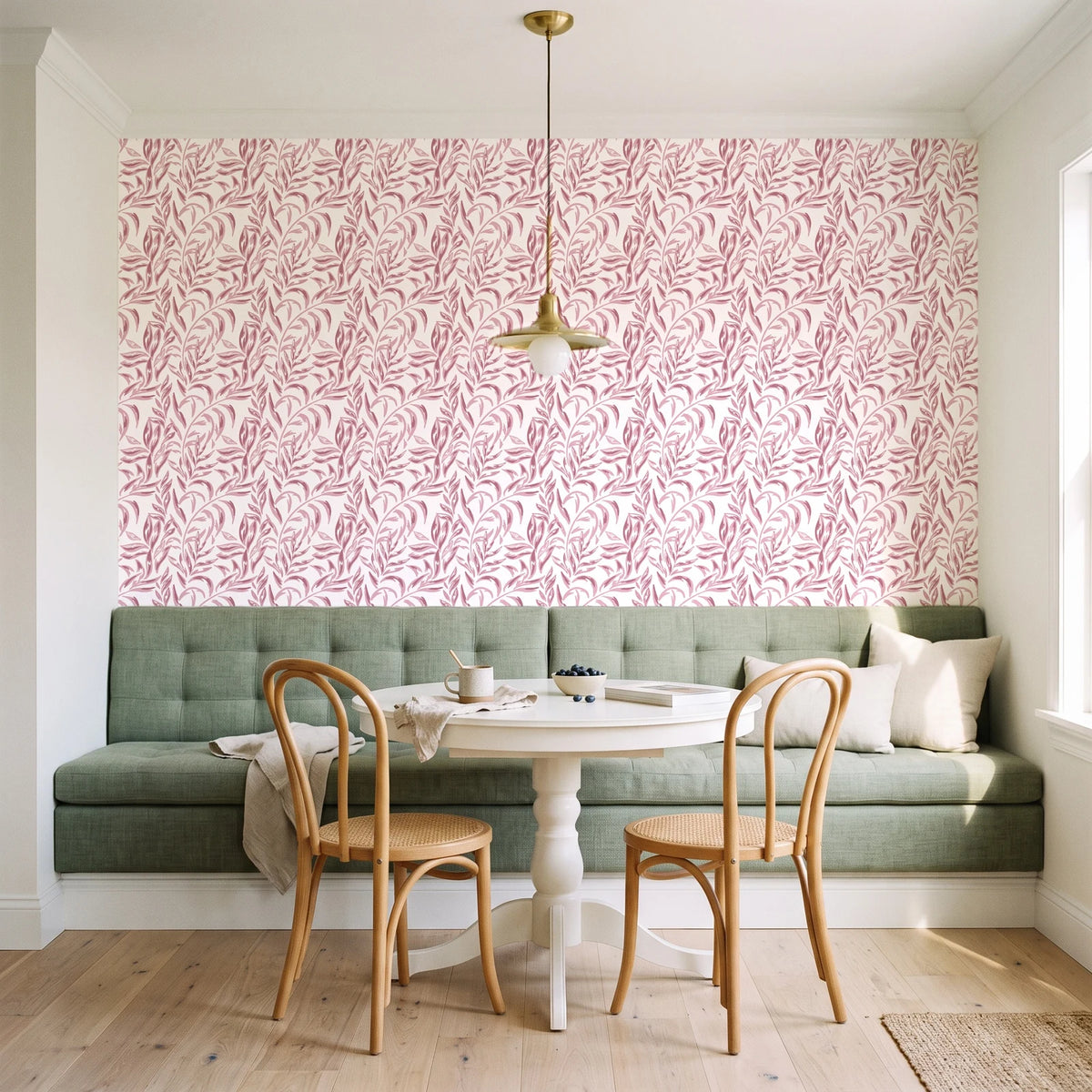Willow Trace Rose willow vine wallpaper as a feature wall in a sunlit breakfast nook