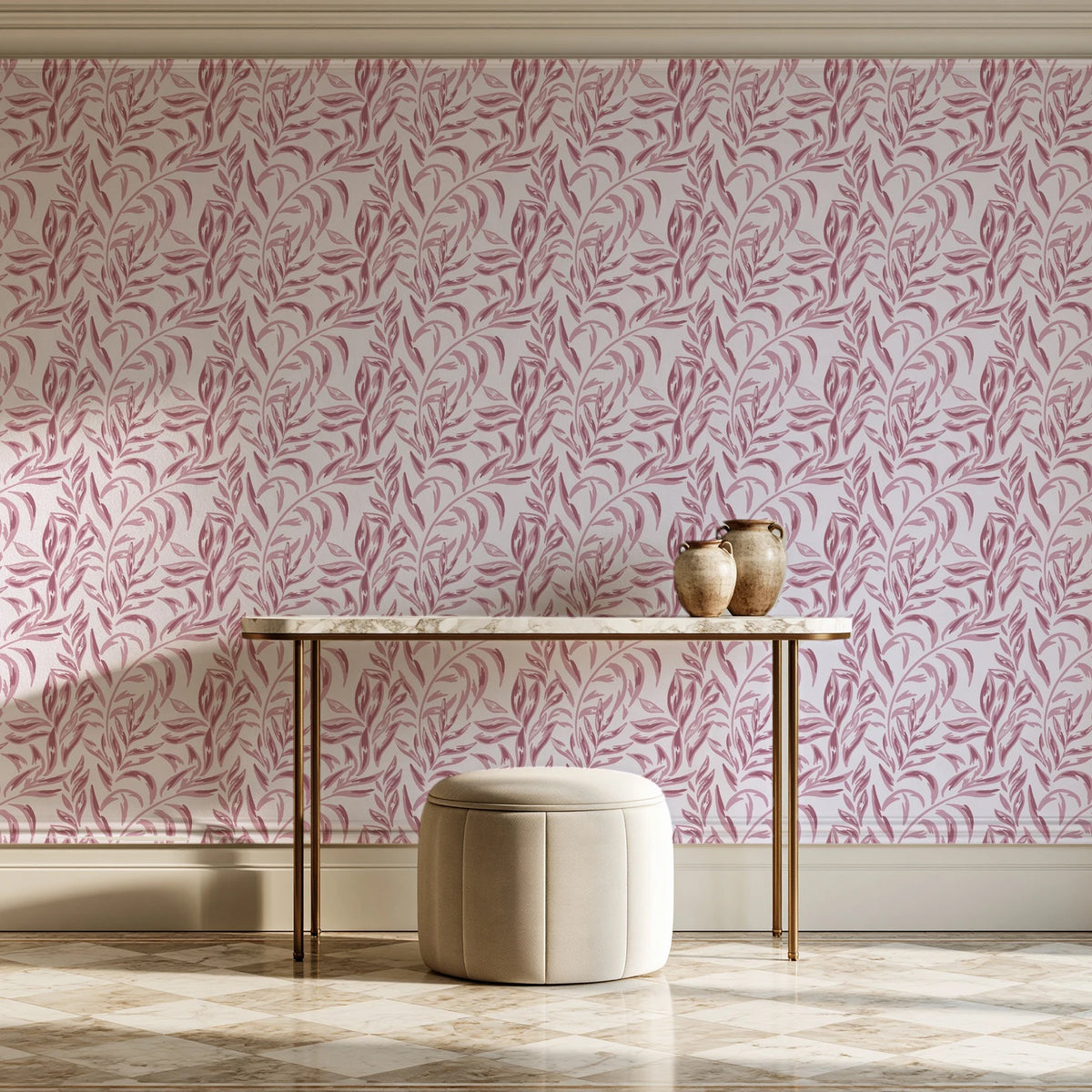 Willow Trace Rose willow vine wallpaper on the wall of a grand entry foyer