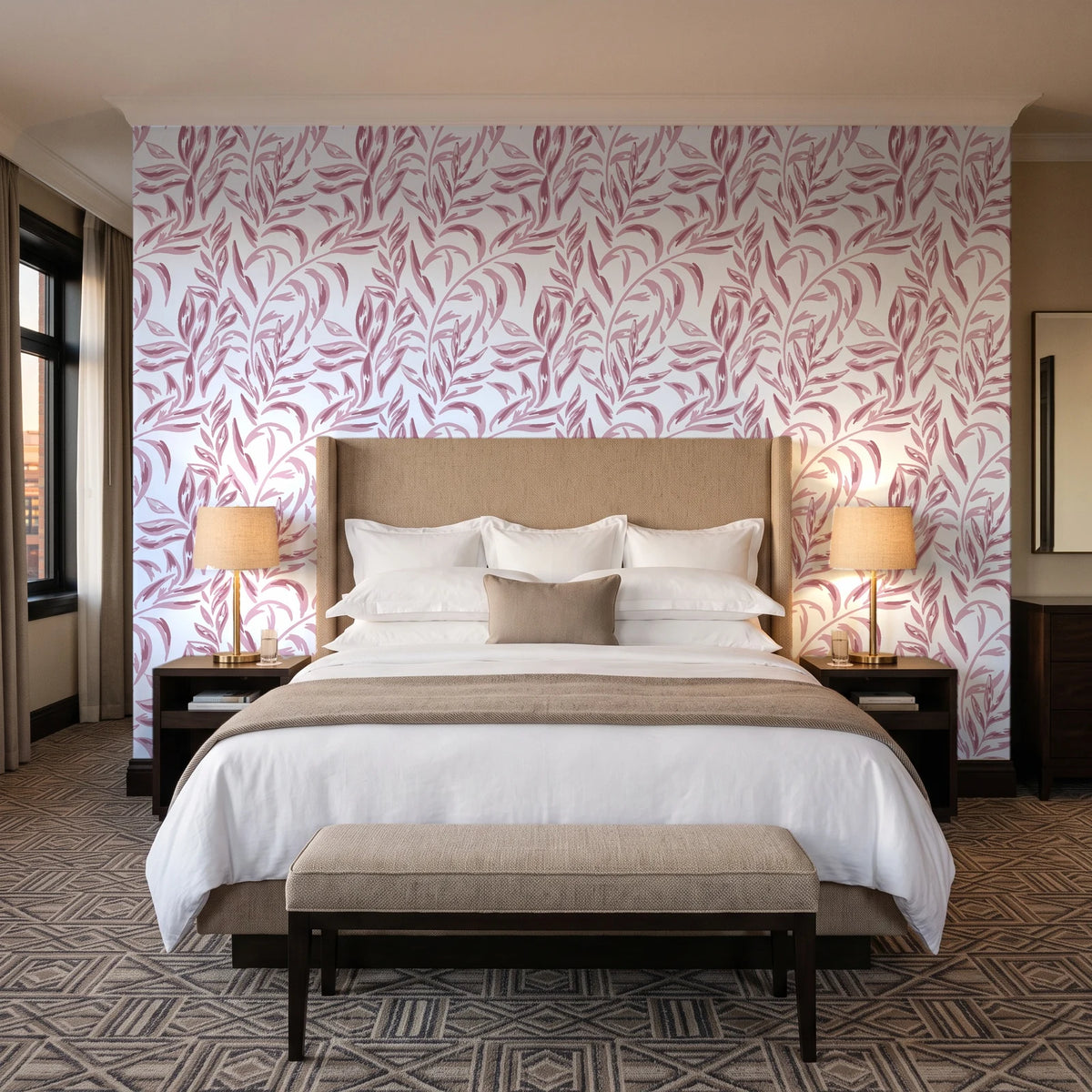 Willow Trace Rose willow vine wallpaper behind the headboard of a king bed in a contemporary hotel guest room