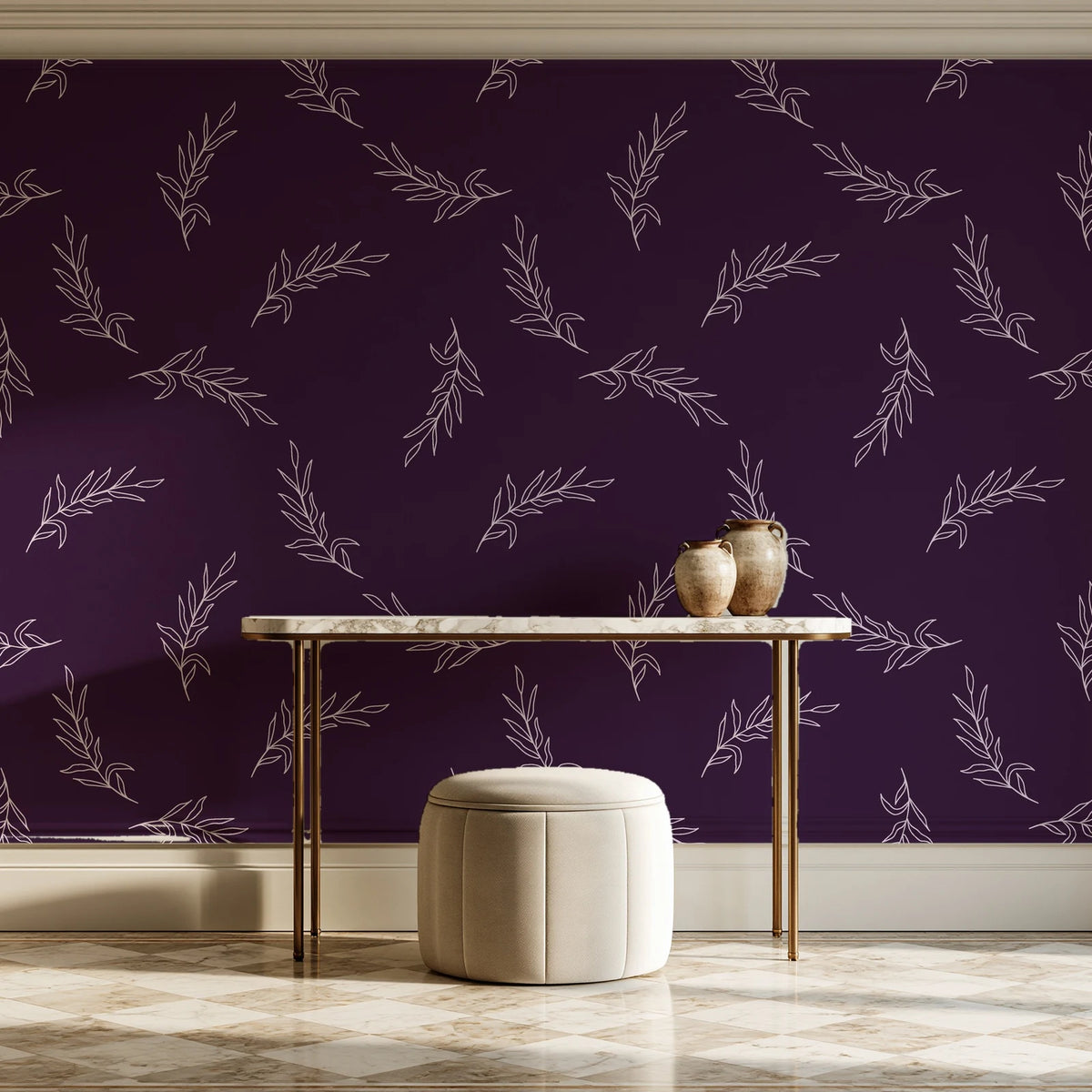 Willow Whisper Aubergine willow sprig wallpaper on the wall of a grand entry foyer