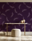 Willow Whisper Aubergine willow sprig wallpaper on the wall of a grand entry foyer