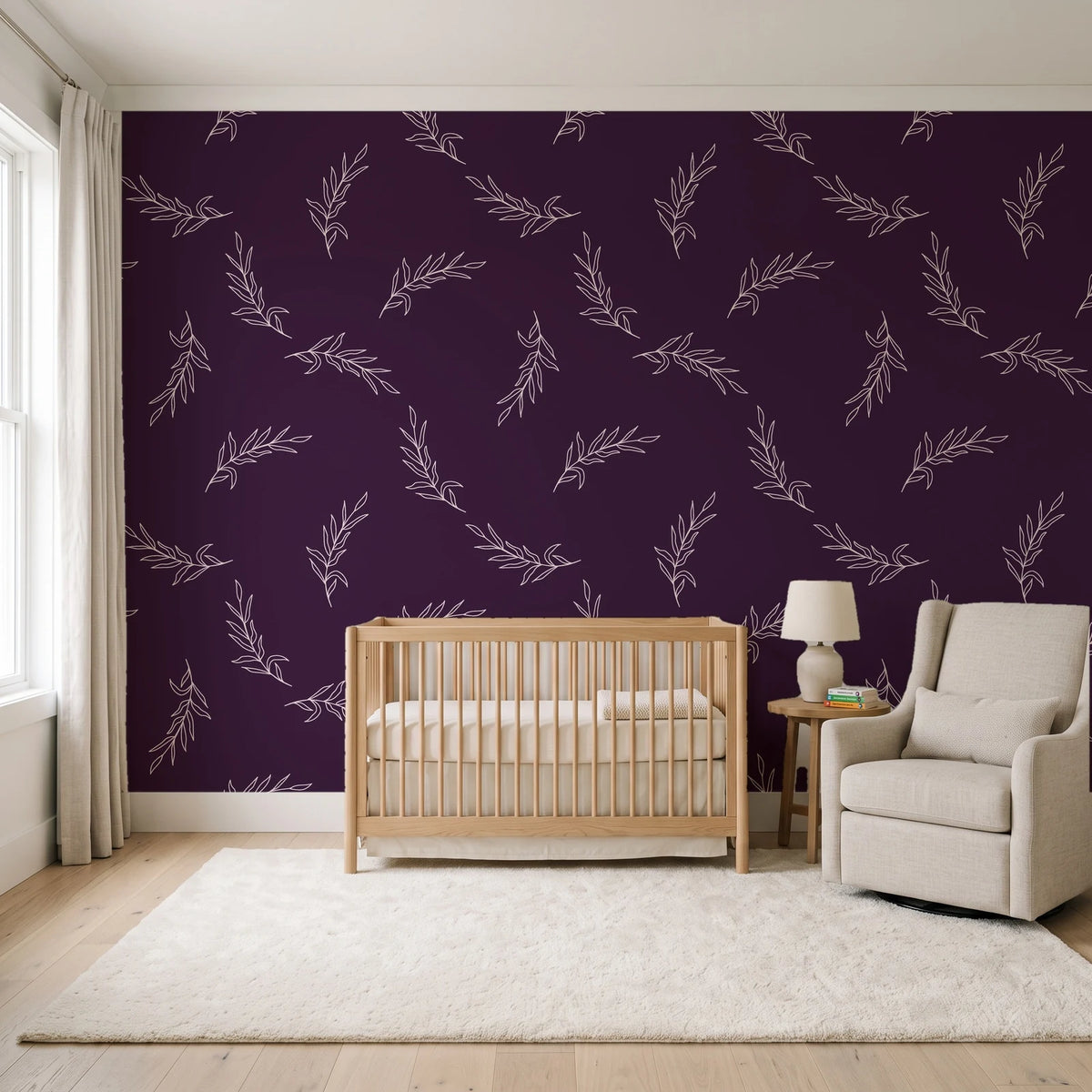 Willow Whisper Aubergine willow sprig wallpaper in a calm, light-filled nursery