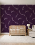 Willow Whisper Aubergine willow sprig wallpaper in a calm, light-filled nursery