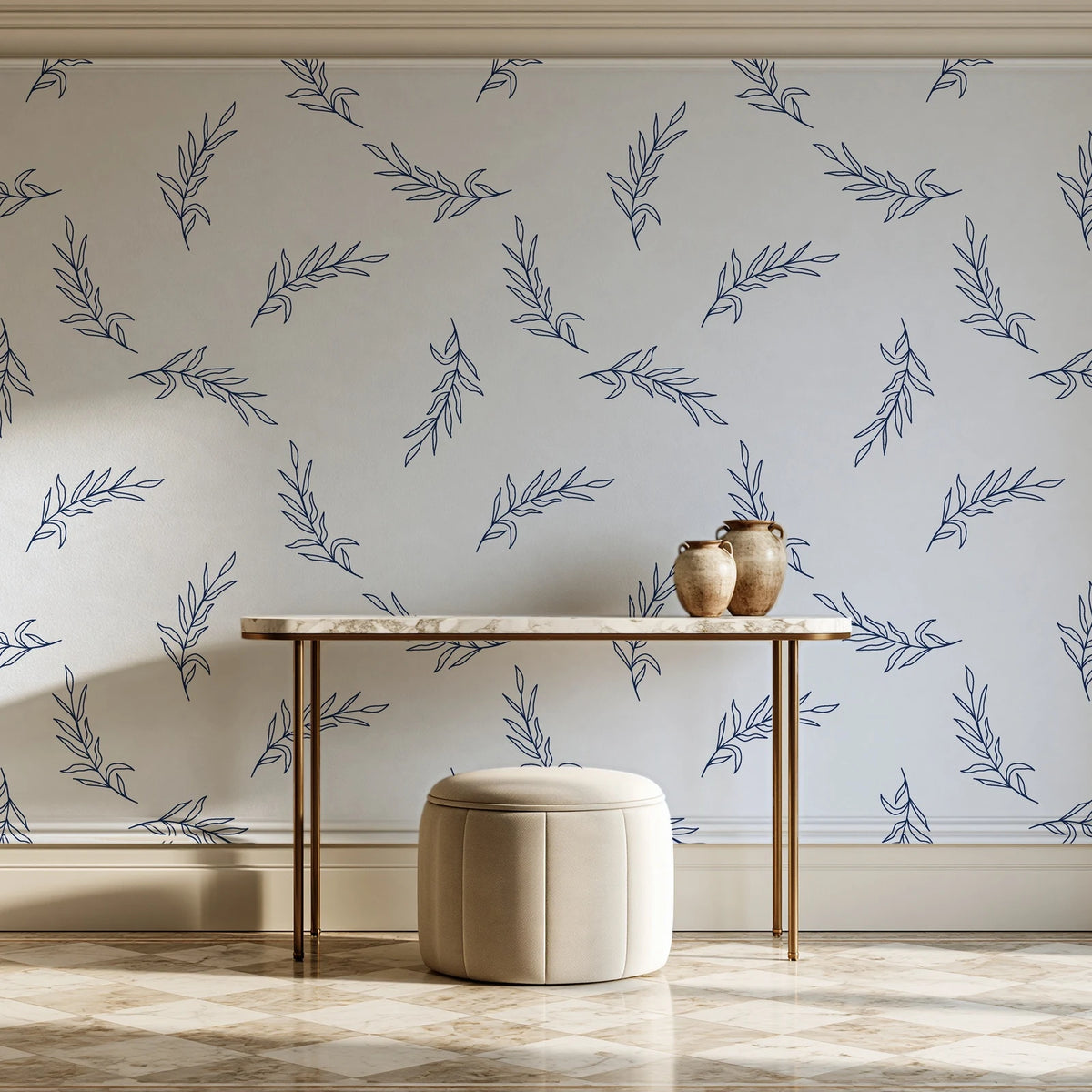 Willow Whisper Navy willow sprig wallpaper on the wall of a grand entry foyer