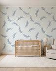 Willow Whisper Navy willow sprig wallpaper in a calm, light-filled nursery