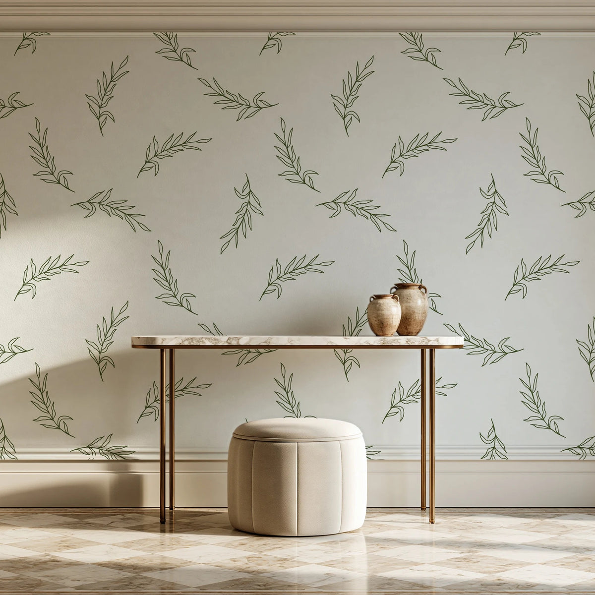 Willow Whisper Olive willow sprig wallpaper on the wall of a grand entry foyer
