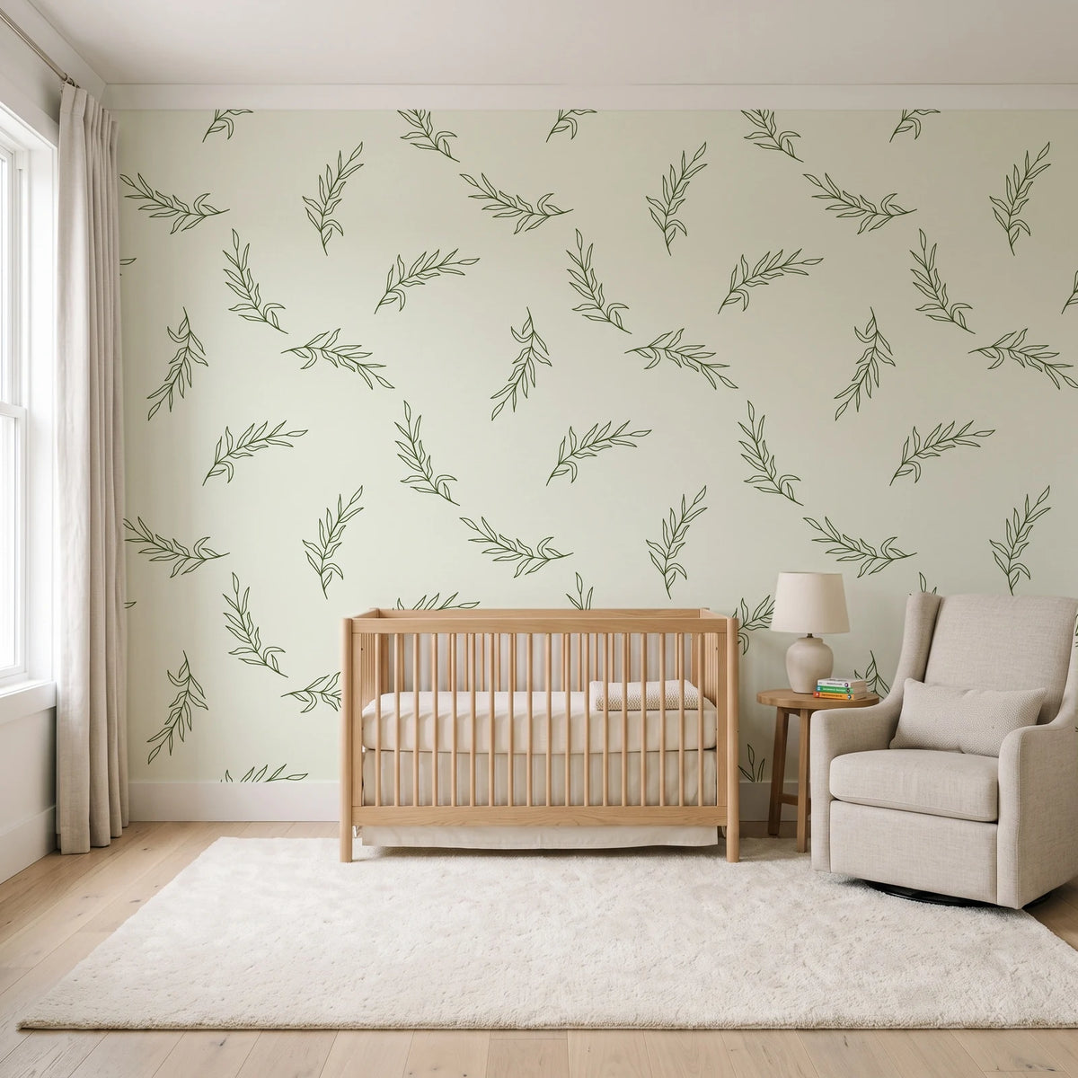 Willow Whisper Olive willow sprig wallpaper in a calm, light-filled nursery