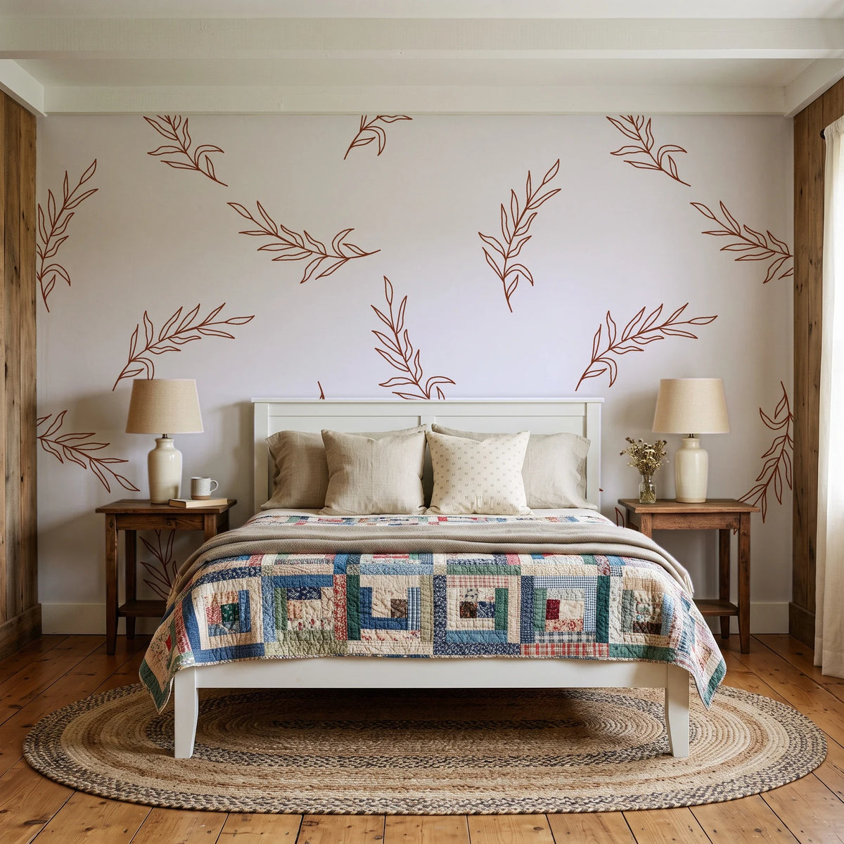 Willow Whisper Terracotta willow sprig wallpaper behind a white cottage bed with a patchwork quilt in a cozy cottagecore bedroom