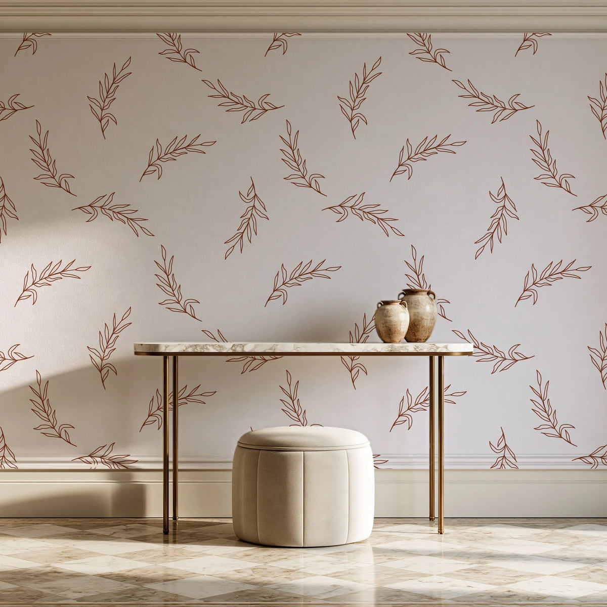 Willow Whisper Terracotta willow sprig wallpaper on the wall of a grand entry foyer