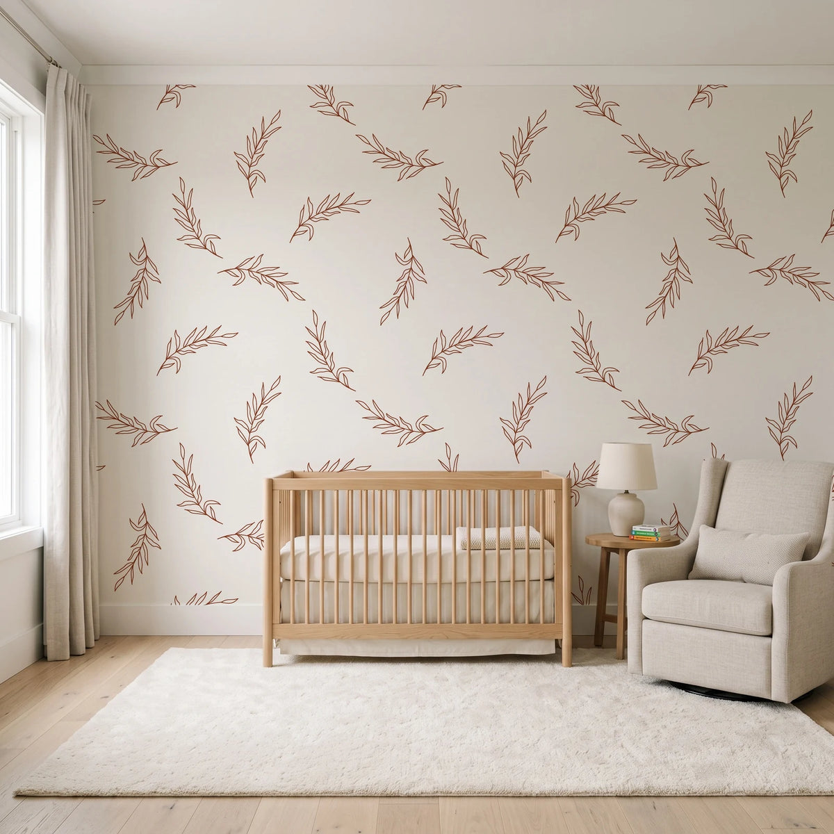 Willow Whisper Terracotta willow sprig wallpaper in a calm, light-filled nursery