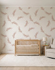 Willow Whisper Terracotta willow sprig wallpaper in a calm, light-filled nursery
