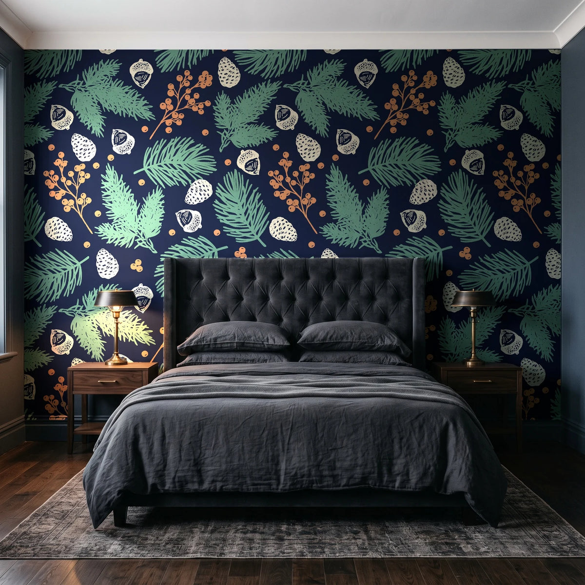 Winter Forage Midnight pine bough and berry wallpaper behind a tufted headboard in a dark, moody bedroom