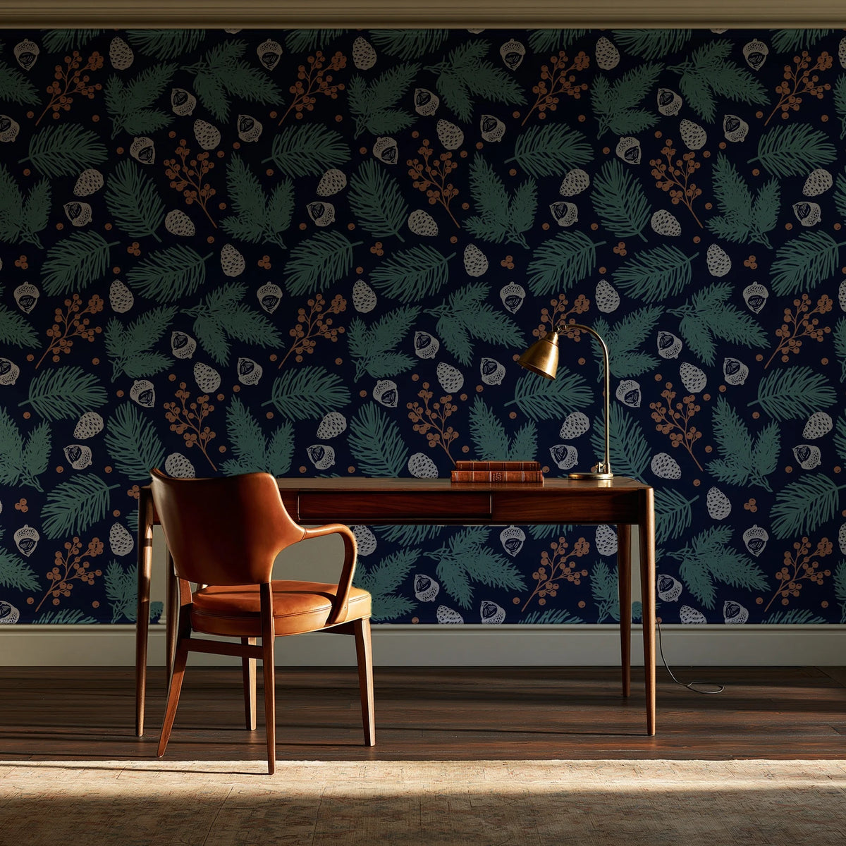Winter Forage Midnight pine bough and berry wallpaper as a feature wall in a home study