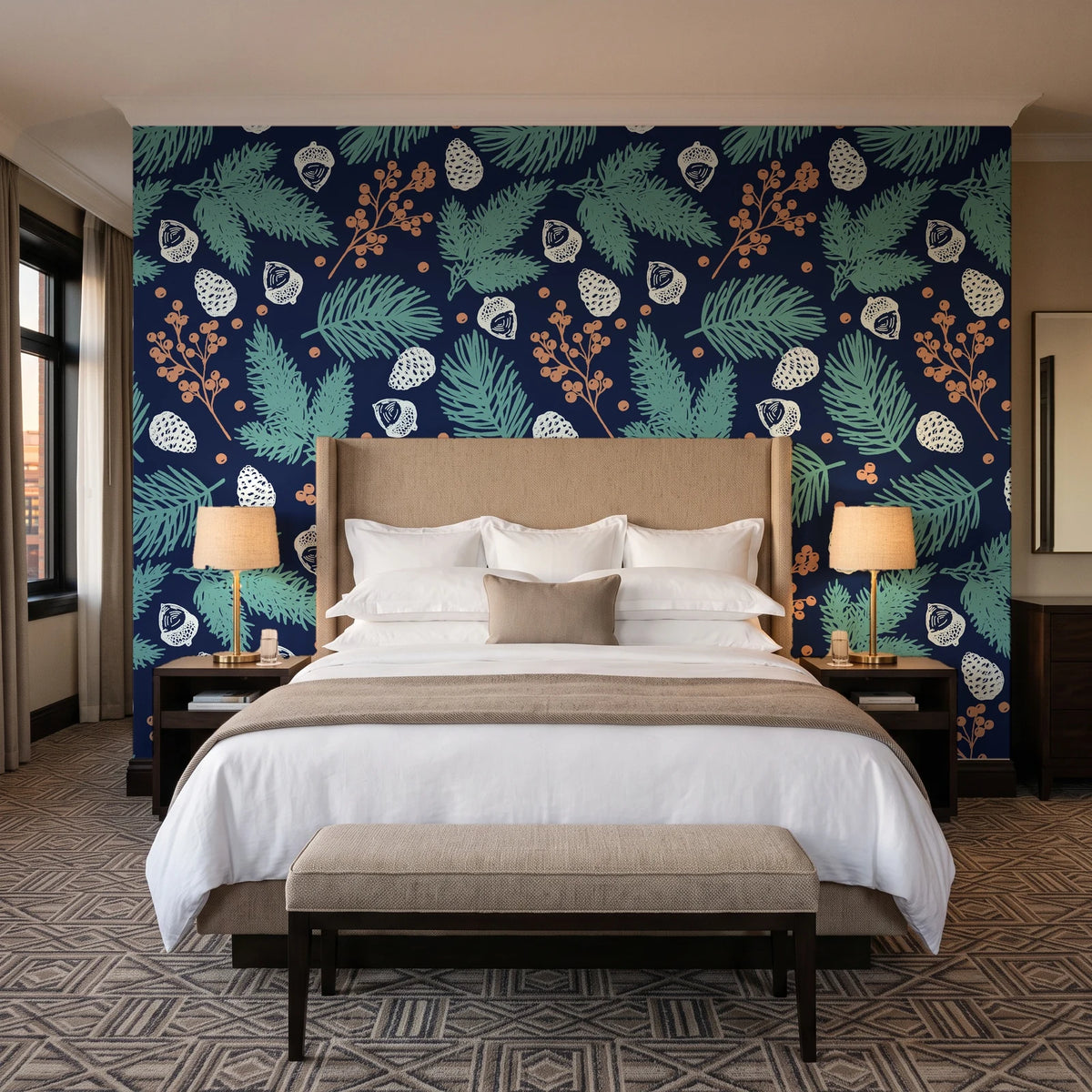 Winter Forage Midnight pine bough and berry wallpaper behind the headboard of a king bed in a contemporary hotel guest room