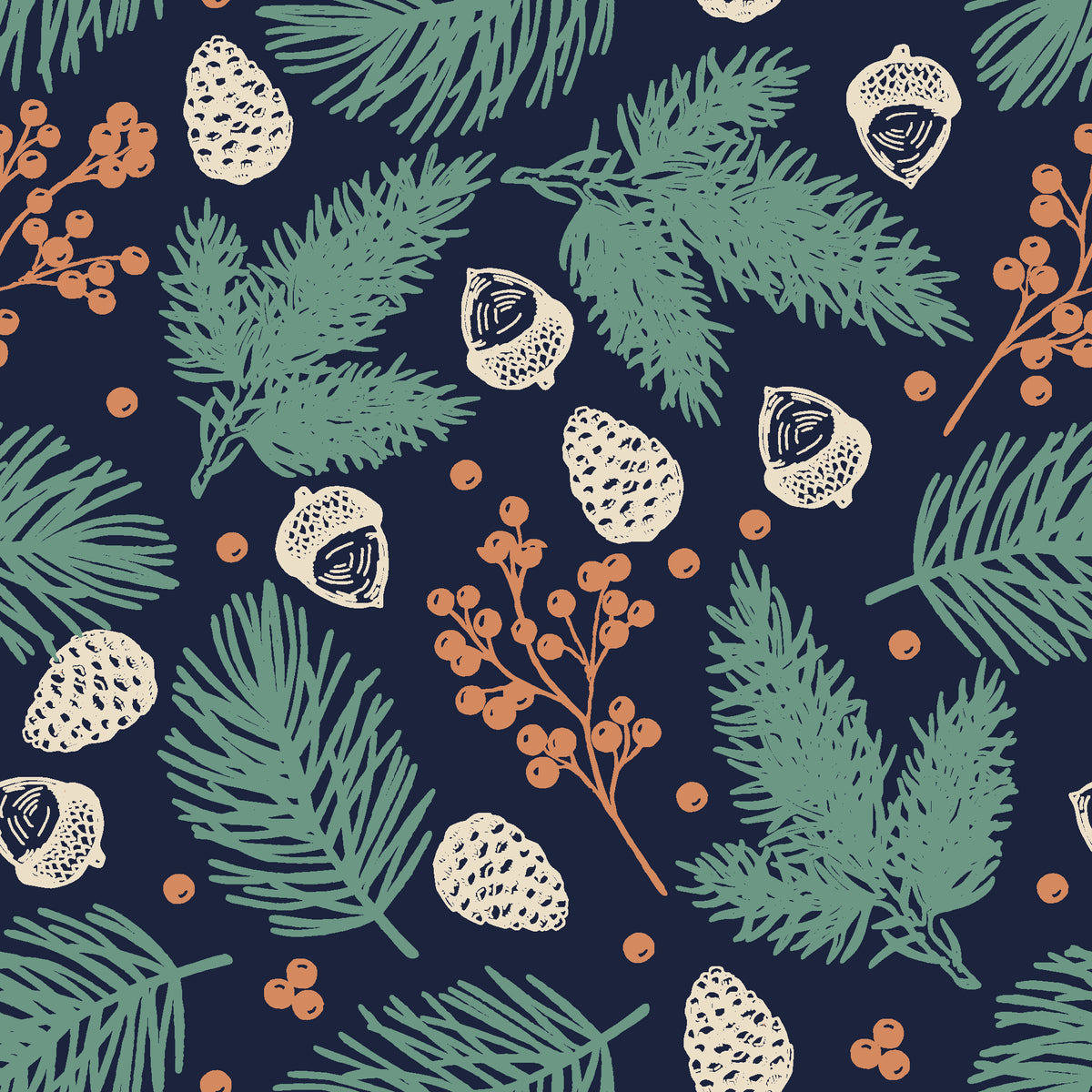 Winter Forage Midnight pine bough and berry wallpaper in midnight blue and cream