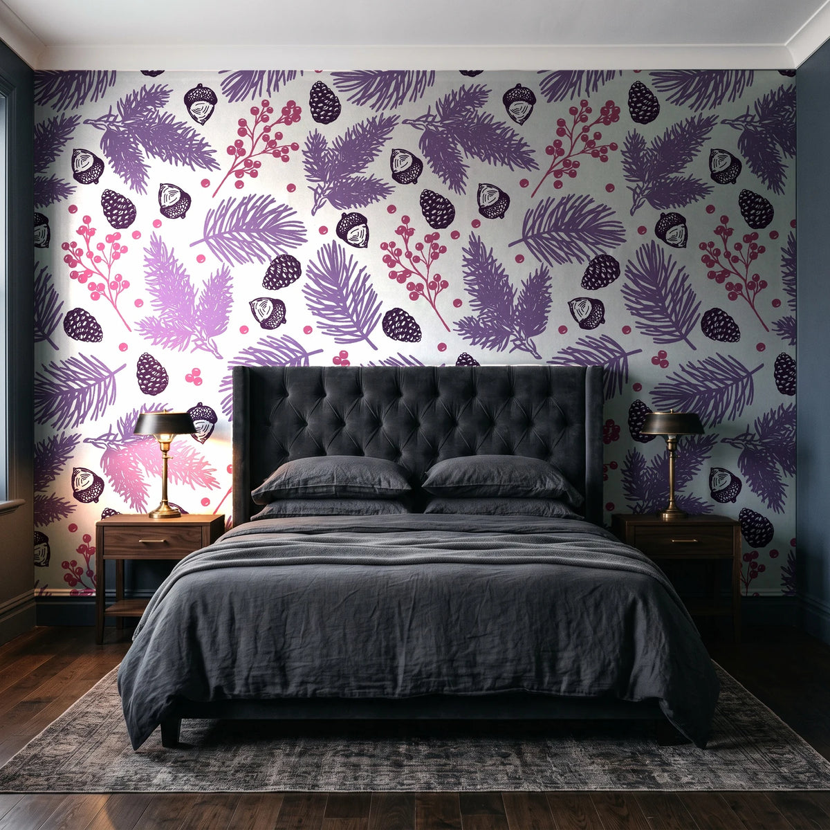 Winter Forage Plum pine bough and berry wallpaper behind a tufted headboard in a dark, moody bedroom