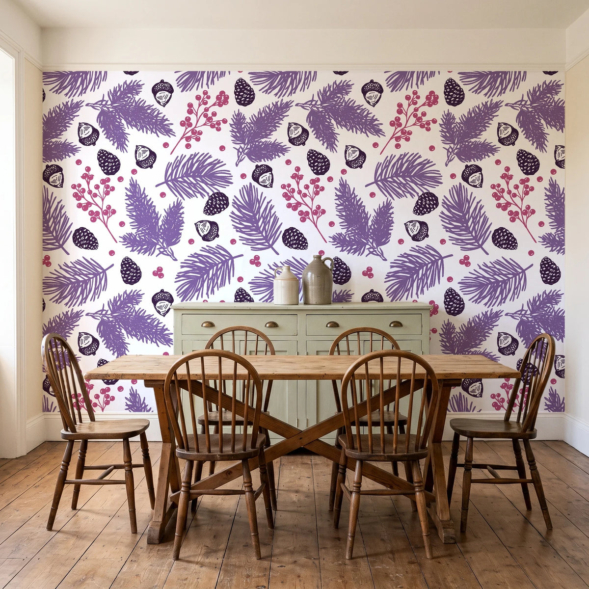 Winter Forage Plum pine bough and berry wallpaper in a farmhouse dining room with a sage sideboard and rustic trestle table
