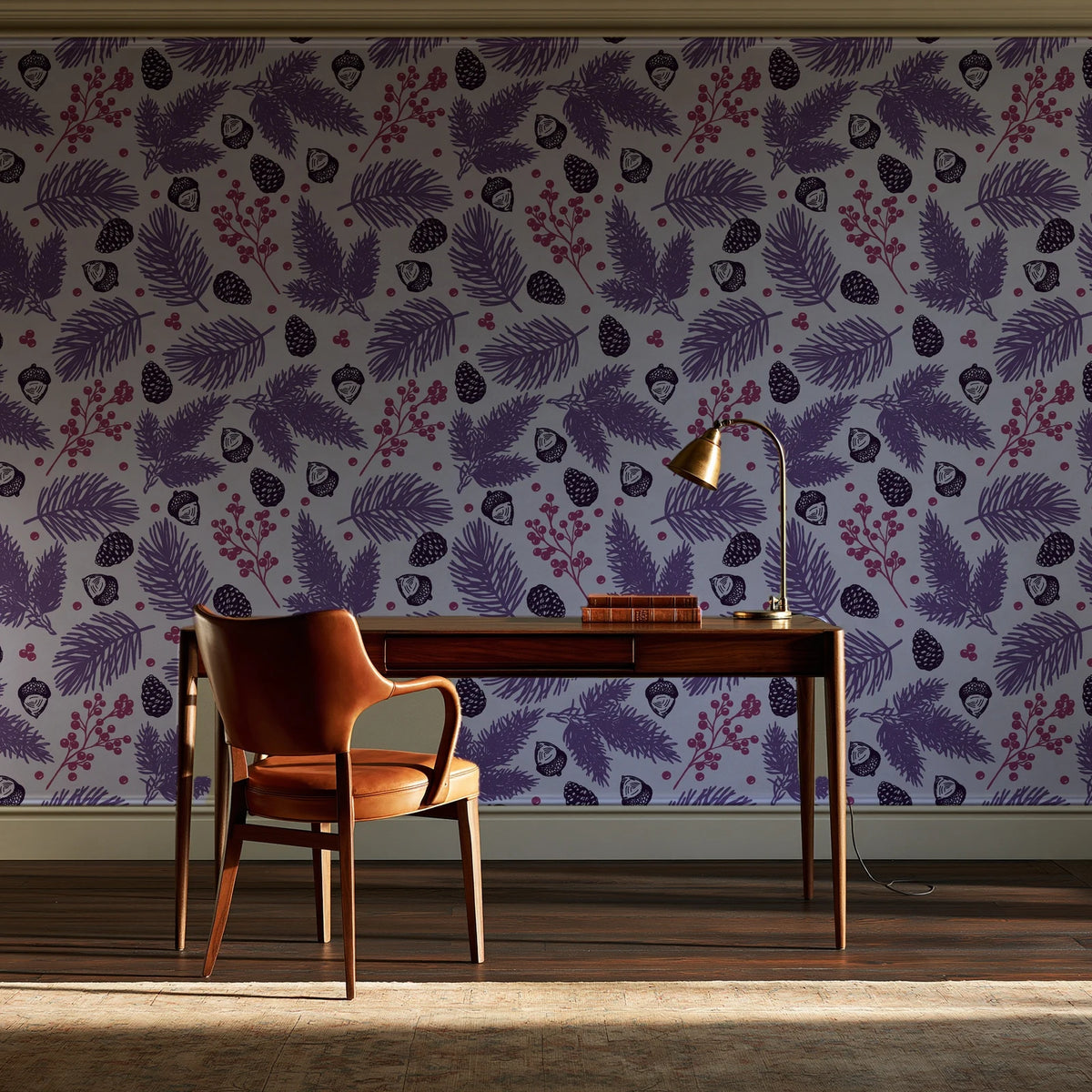 Winter Forage Plum pine bough and berry wallpaper as a feature wall in a home study