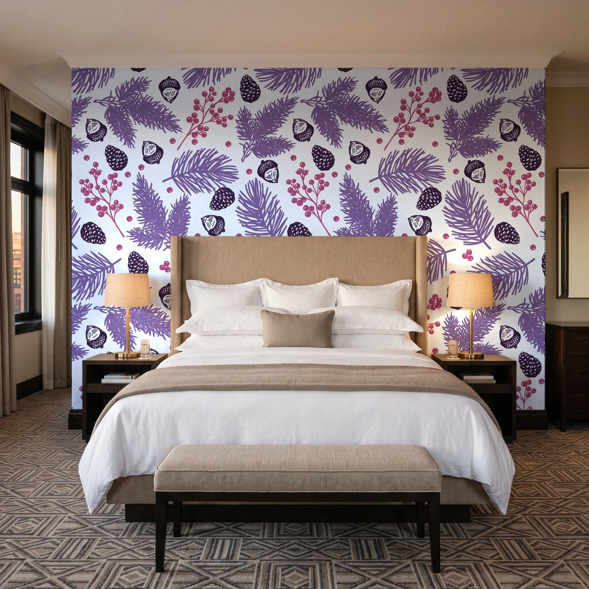 Winter Forage Plum pine bough and berry wallpaper behind the headboard of a king bed in a contemporary hotel guest room