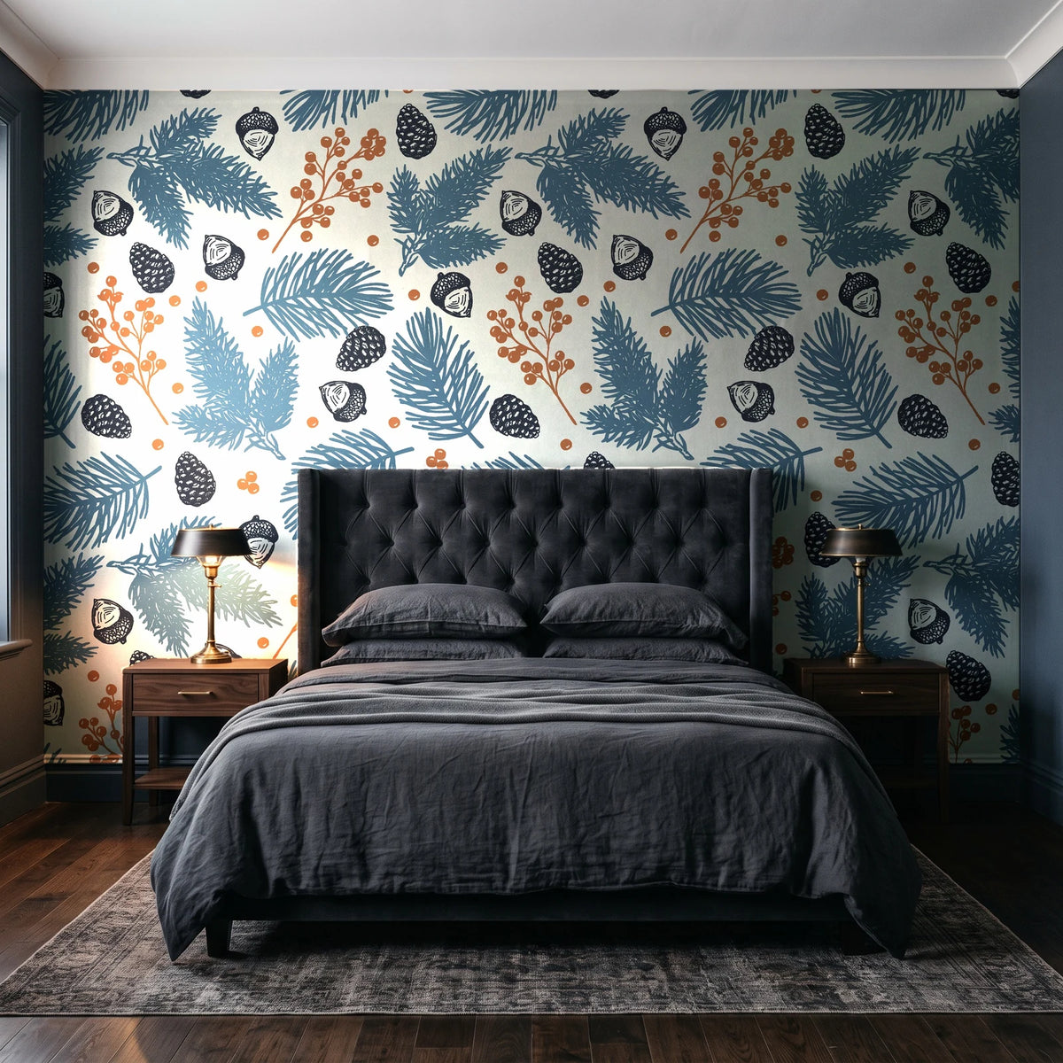 Winter Forage Slate pine bough and berry wallpaper behind a tufted headboard in a dark, moody bedroom