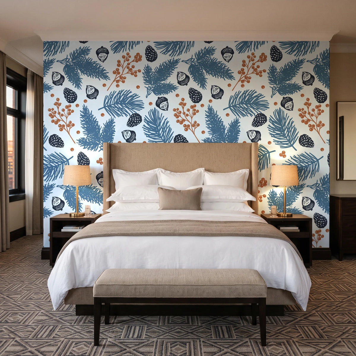 Winter Forage Slate pine bough and berry wallpaper behind the headboard of a king bed in a contemporary hotel guest room