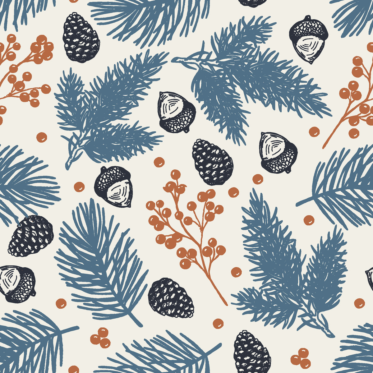 Winter Forage Slate pine bough and berry wallpaper in slate blue and linen