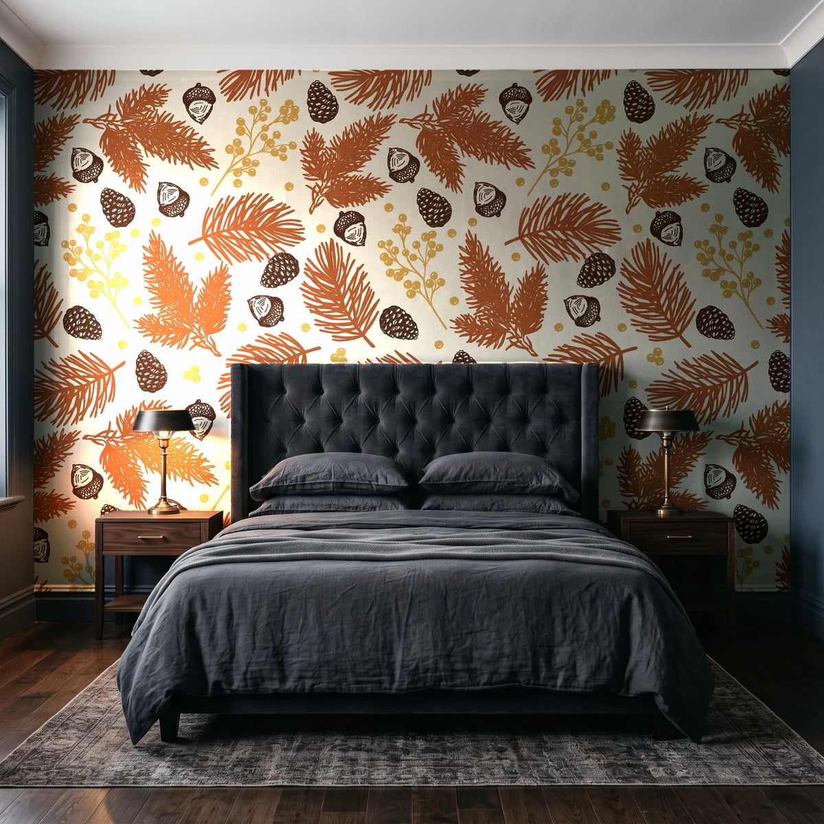 Winter Forage Terracotta pine bough and berry wallpaper behind a tufted headboard in a dark, moody bedroom