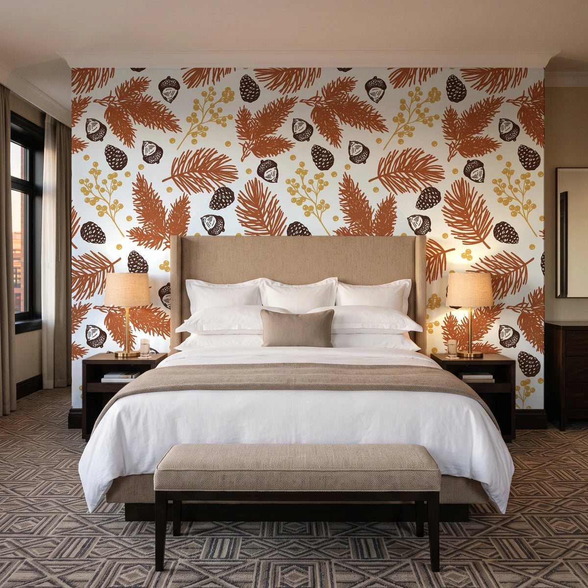 Winter Forage Terracotta pine bough and berry wallpaper behind the headboard of a king bed in a contemporary hotel guest room