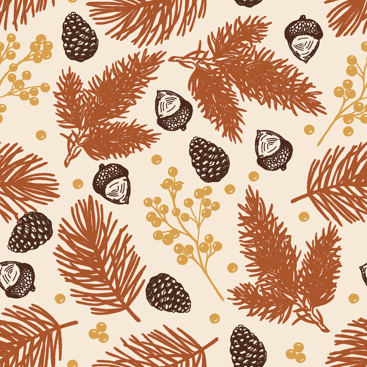 Winter Forage Terracotta pine bough and berry wallpaper in terracotta and sand