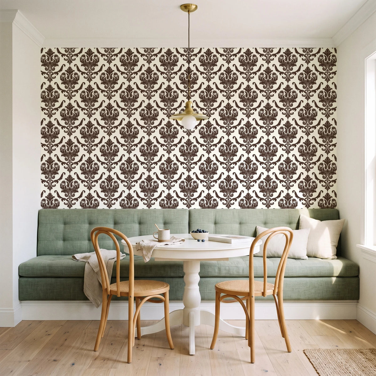 Woodland Blossom Veil Espresso damask wallpaper as a feature wall in a sunlit breakfast nook