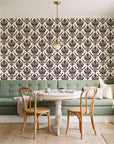 Woodland Blossom Veil Espresso damask wallpaper as a feature wall in a sunlit breakfast nook