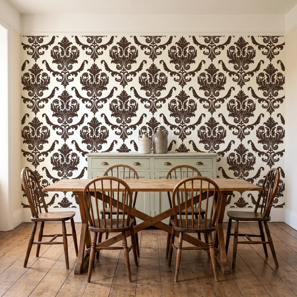 Woodland Blossom Veil Espresso damask wallpaper in a farmhouse dining room with a sage sideboard and rustic trestle table
