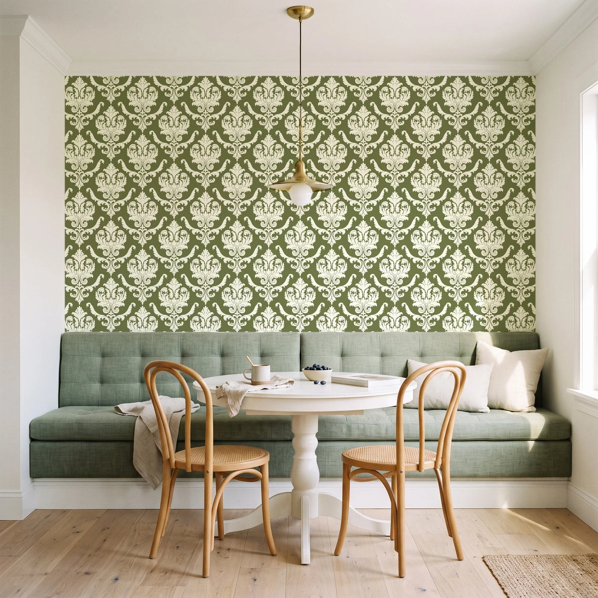 Woodland Blossom Veil Olive damask wallpaper as a feature wall in a sunlit breakfast nook