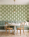 Woodland Blossom Veil Olive damask wallpaper as a feature wall in a sunlit breakfast nook