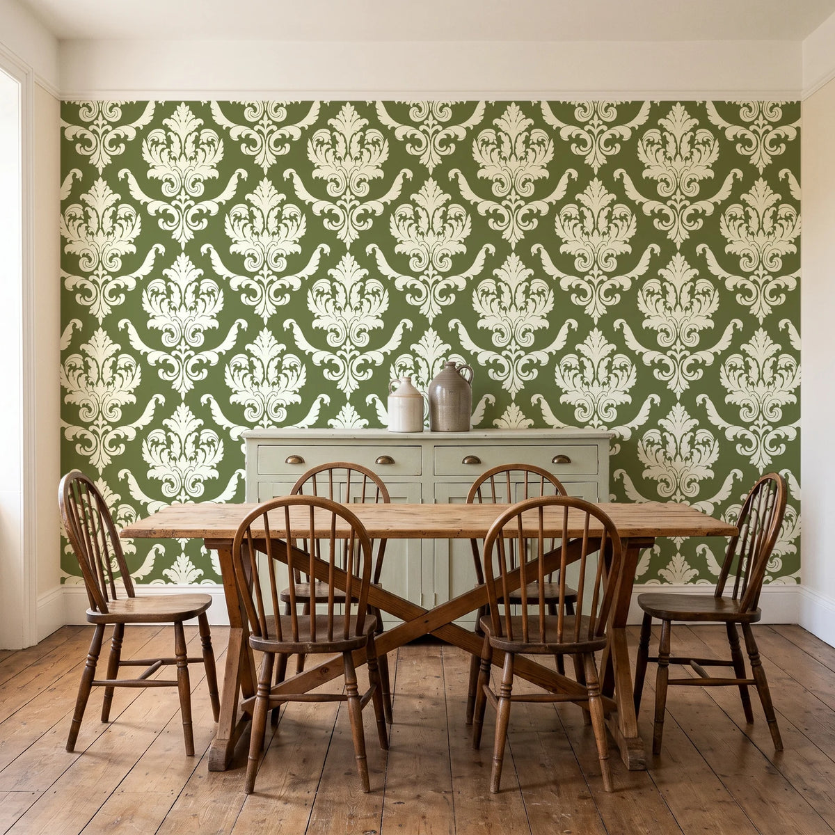 Woodland Blossom Veil Olive damask wallpaper in a farmhouse dining room with a sage sideboard and rustic trestle table