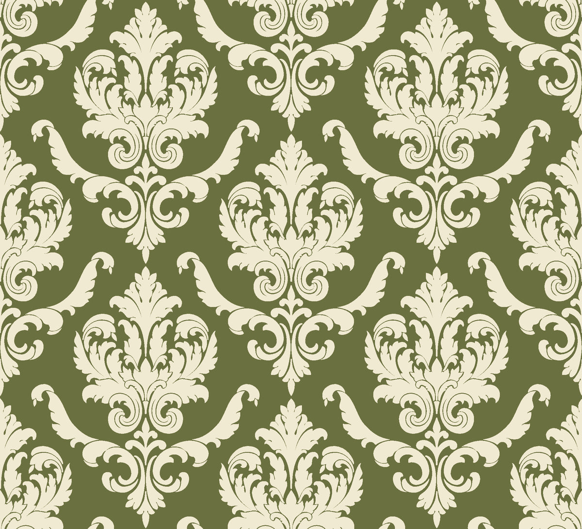 Woodland Blossom Veil Olive damask wallpaper in olive and cream