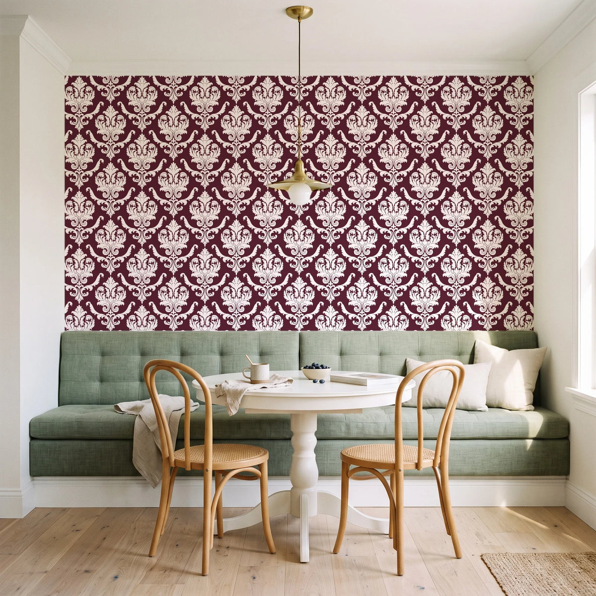 Woodland Blossom Veil Oxblood damask wallpaper as a feature wall in a sunlit breakfast nook