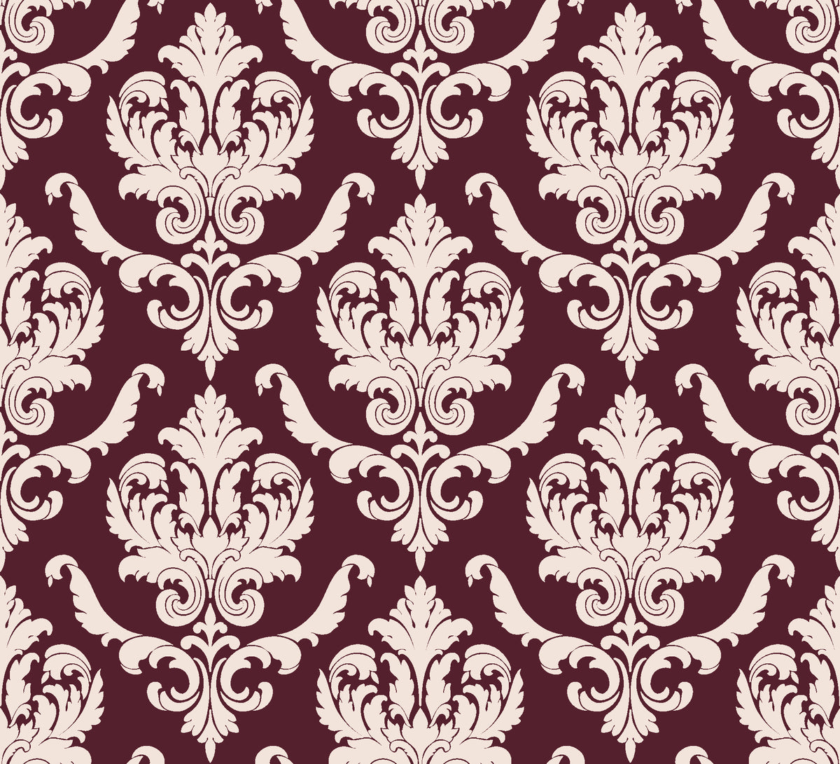 Woodland Blossom Veil Oxblood damask wallpaper in oxblood and blush