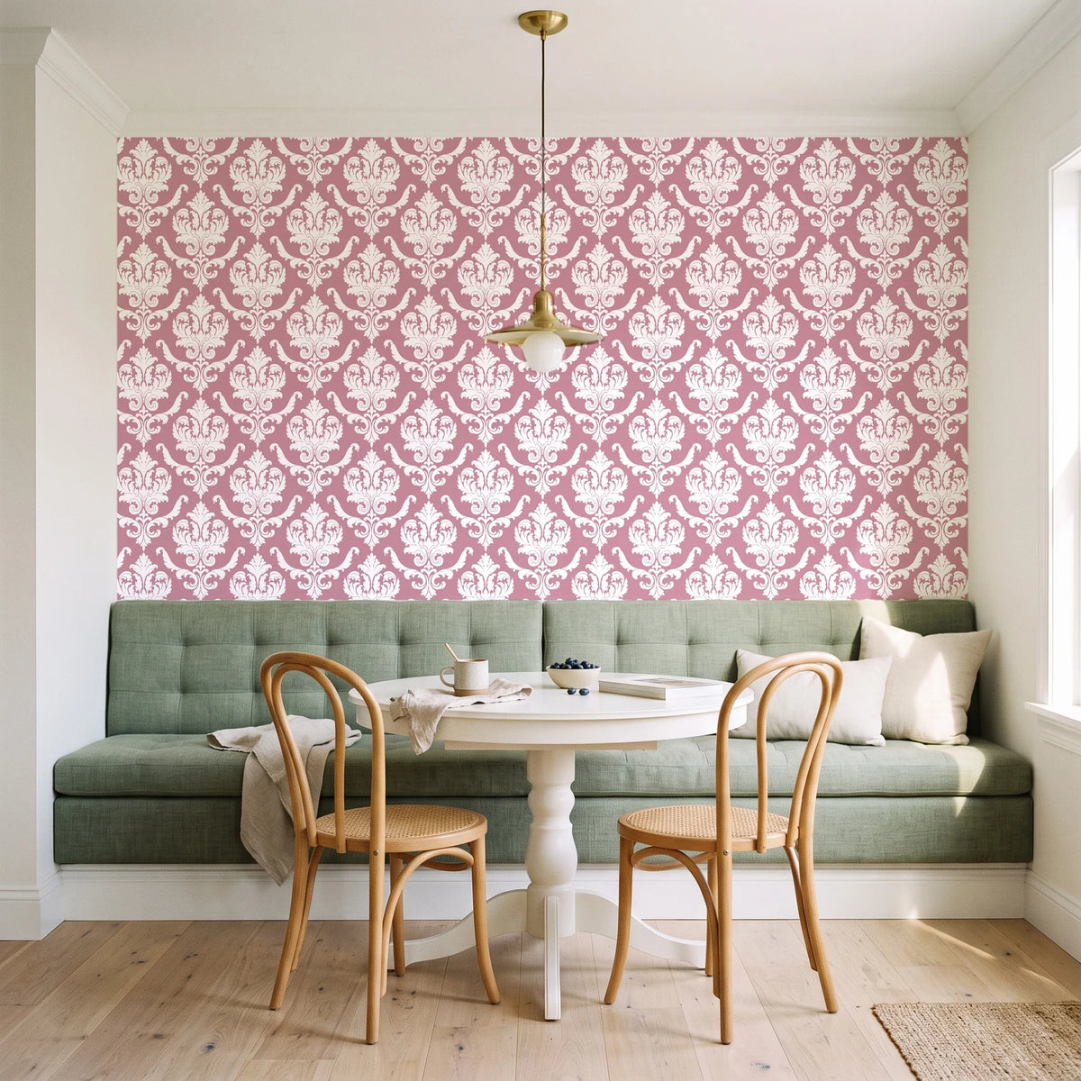 Woodland Blossom Veil Rose damask wallpaper as a feature wall in a sunlit breakfast nook