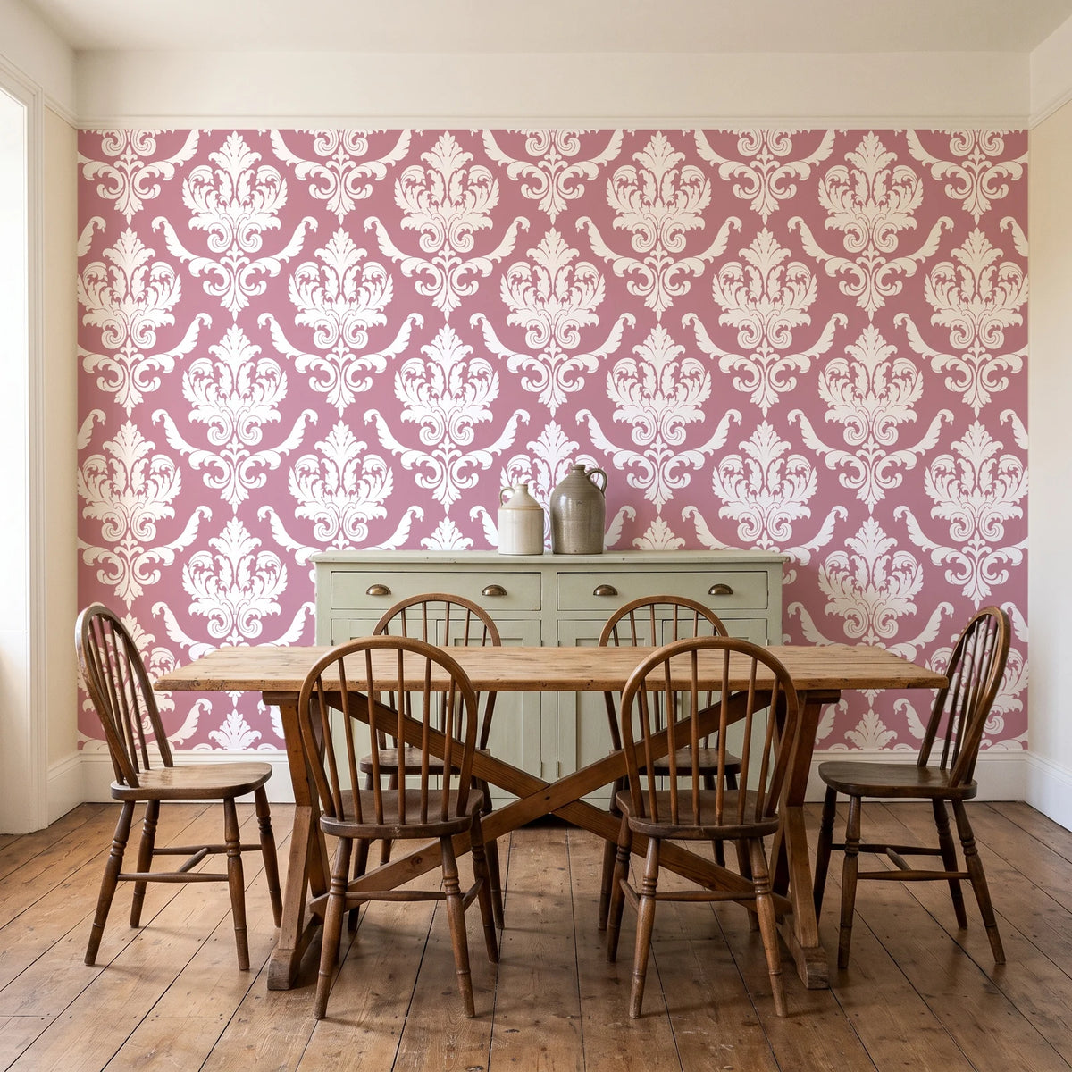 Woodland Blossom Veil Rose damask wallpaper in a farmhouse dining room with a sage sideboard and rustic trestle table