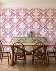 Woodland Blossom Veil Rose damask wallpaper in a farmhouse dining room with a sage sideboard and rustic trestle table