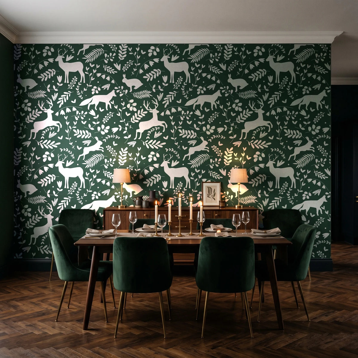 Woodland Hush Forest woodland animal wallpaper in a dark moody dining room with a forest-green wall and candlelit table