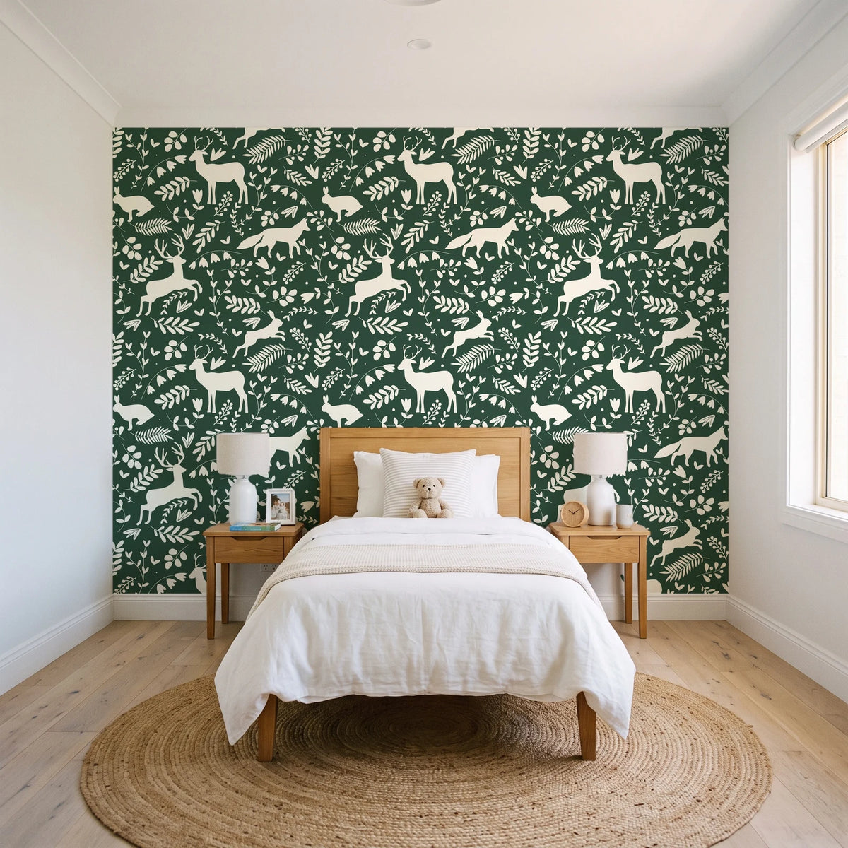 Woodland Hush Forest woodland animal wallpaper in a bright, cheerful child's bedroom