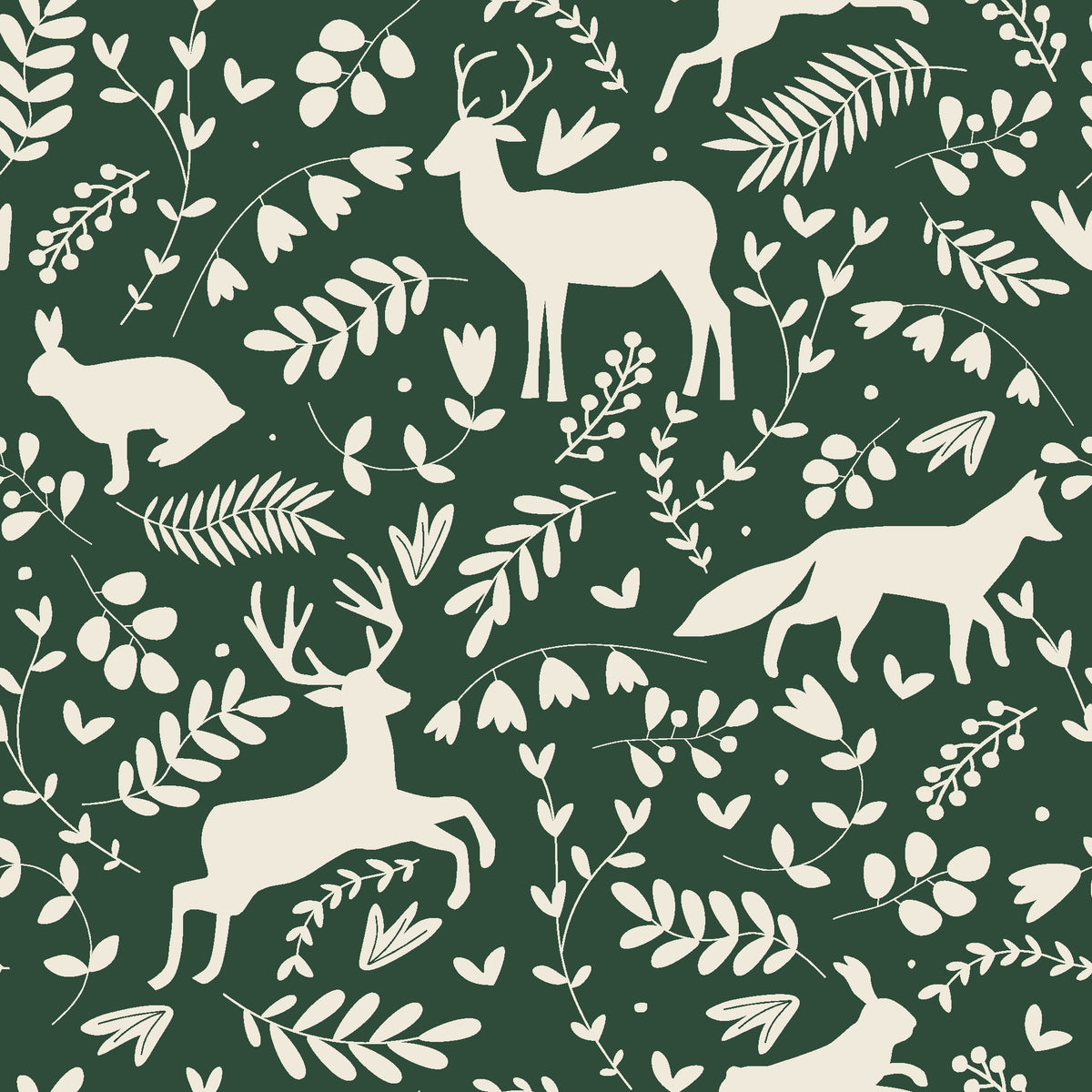 Woodland Hush Forest woodland animal wallpaper in forest green and cream