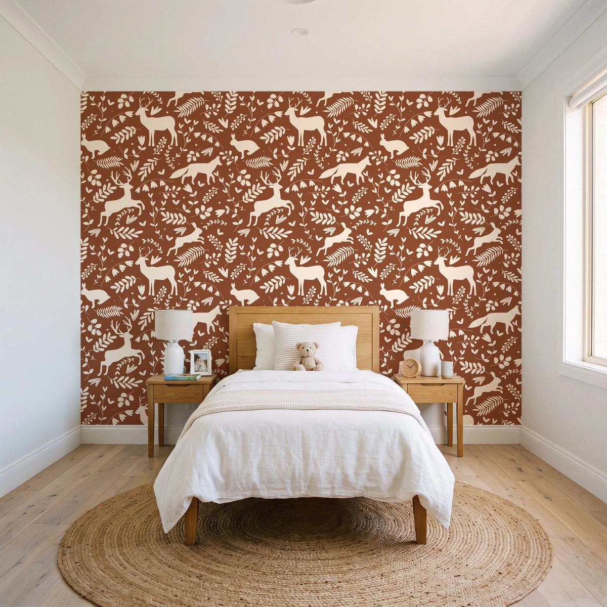 Woodland Hush Rust woodland animal wallpaper in a bright, cheerful child's bedroom