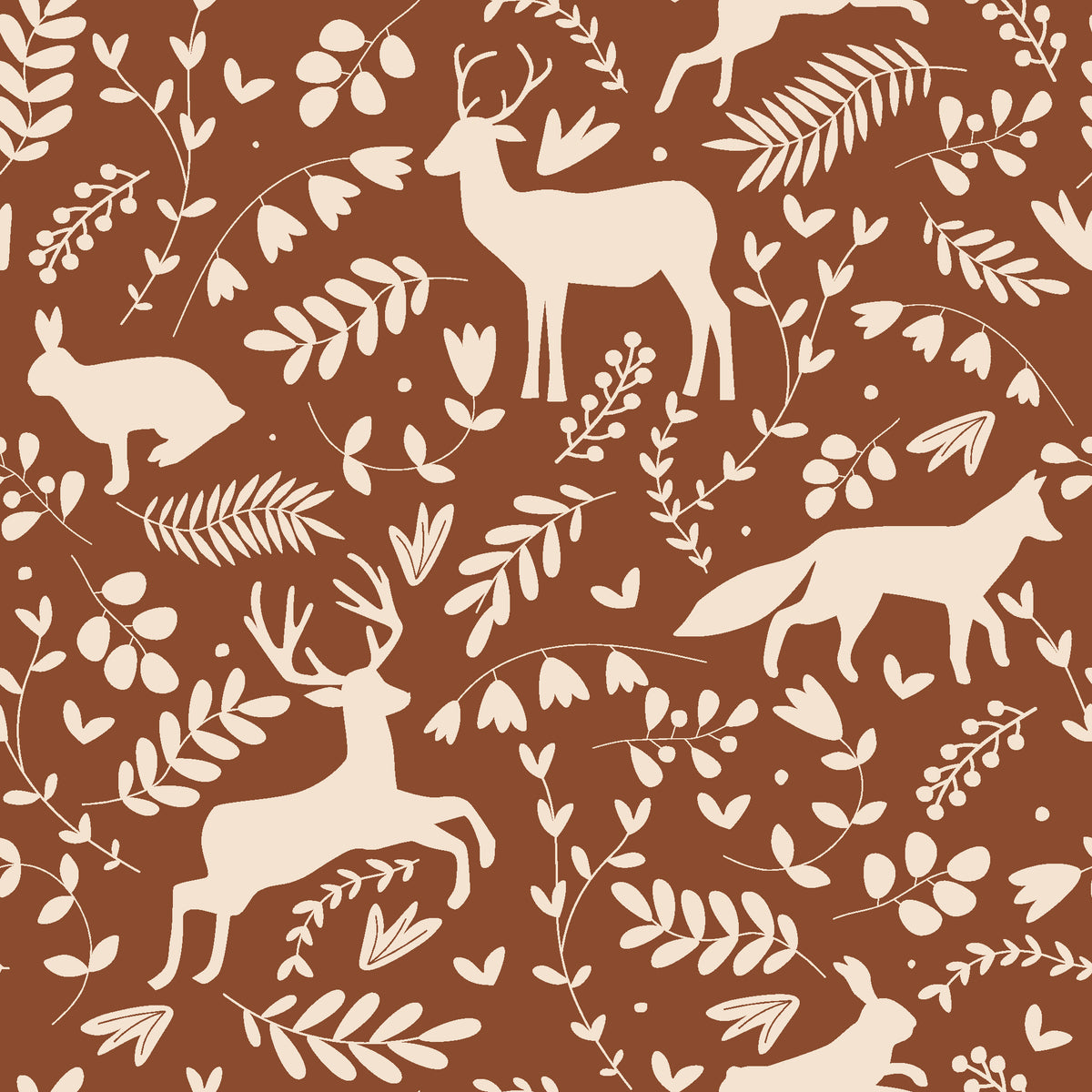 Woodland Hush Rust woodland animal wallpaper in rust and cream