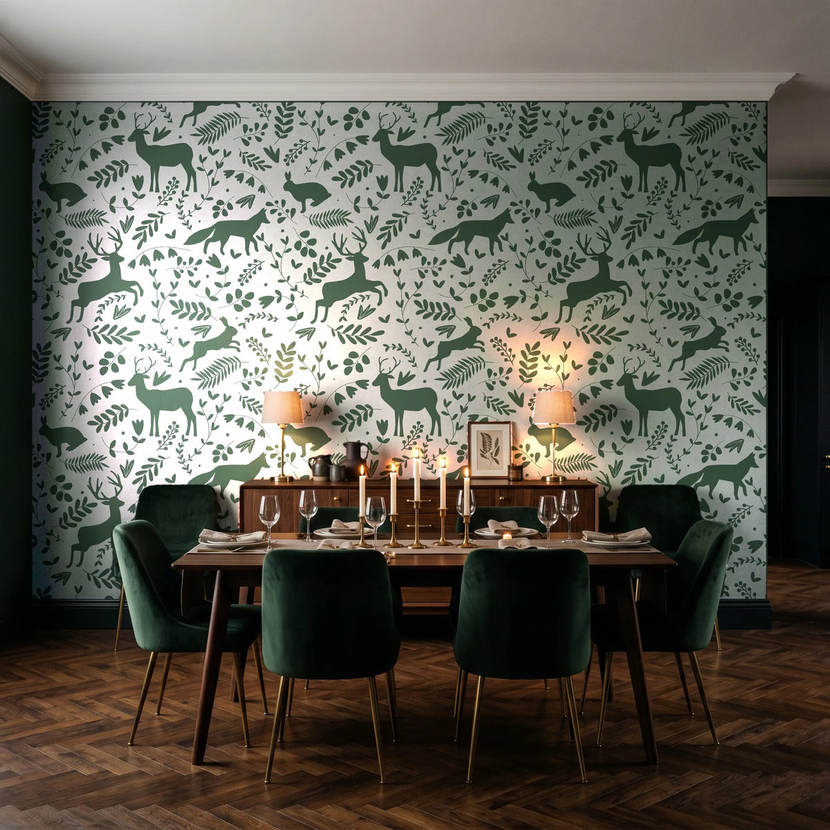 Woodland Hush Sage woodland animal wallpaper in a dark moody dining room with a forest-green wall and candlelit table