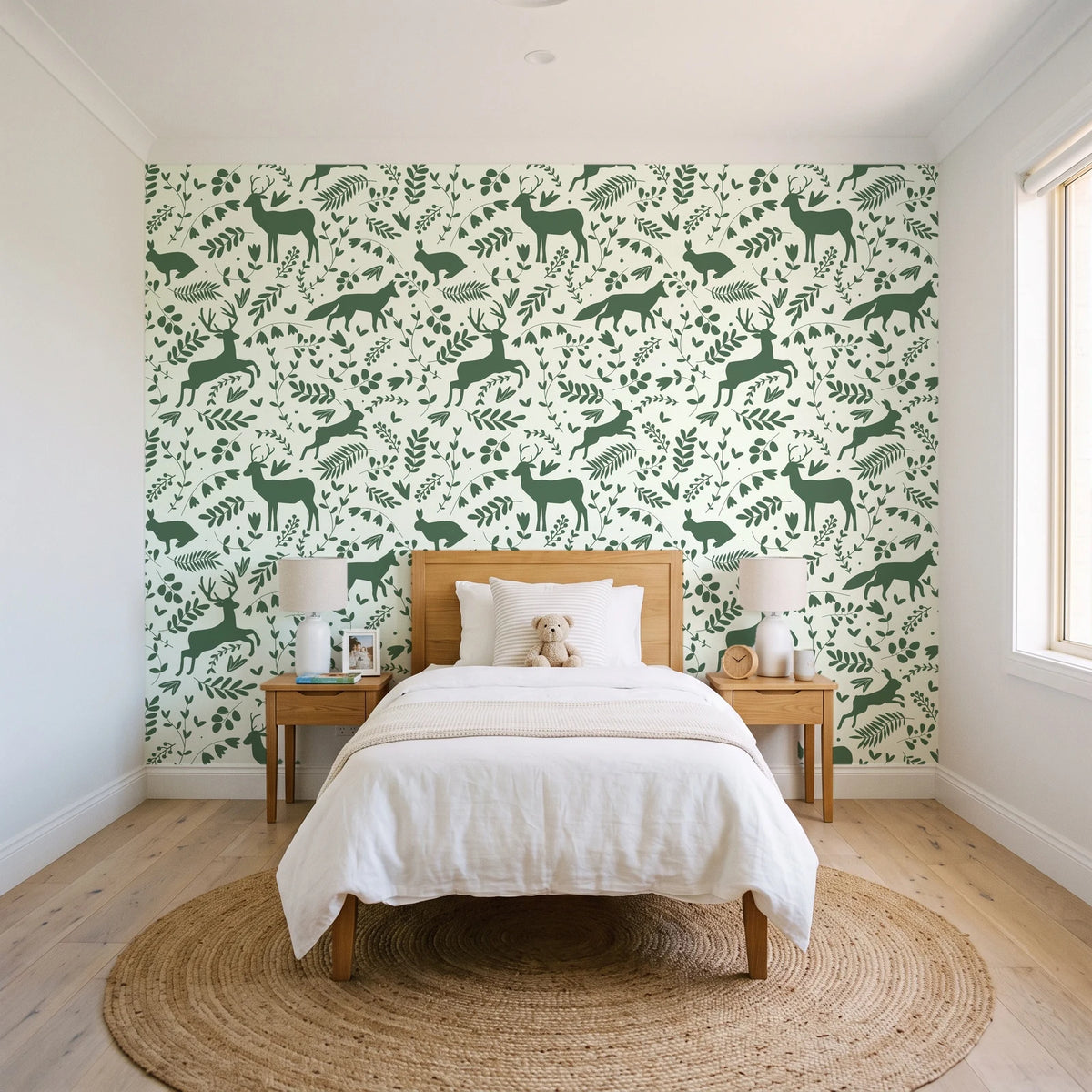 Woodland Hush Sage woodland animal wallpaper in a bright, cheerful child's bedroom