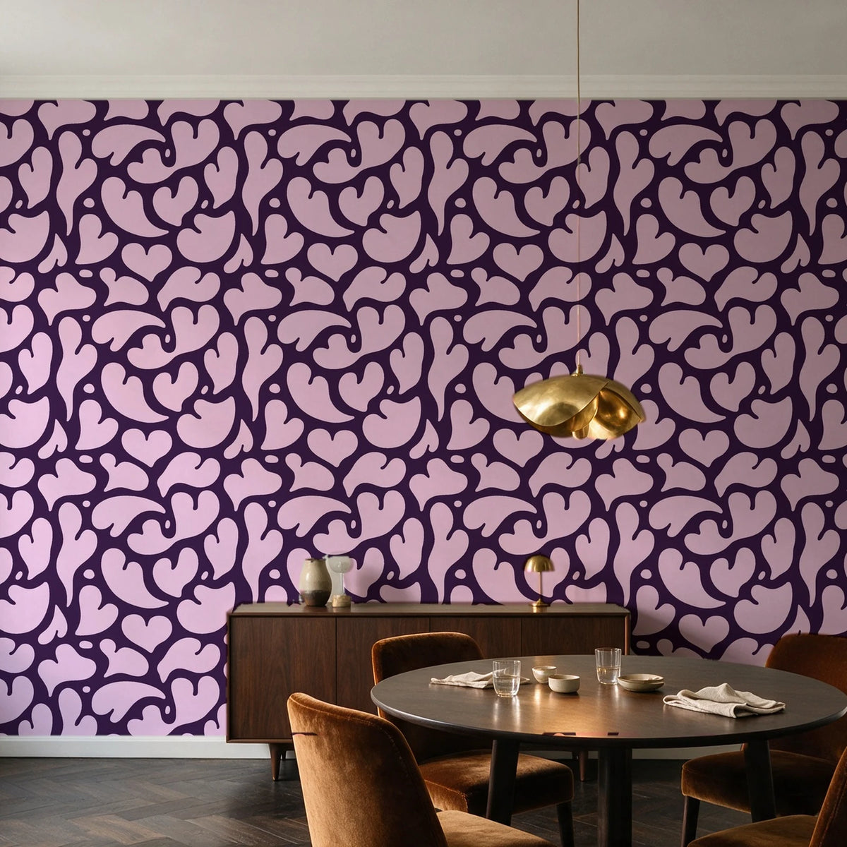 Woven Whisper Aubergine abstract heart wallpaper in an elegant dining room